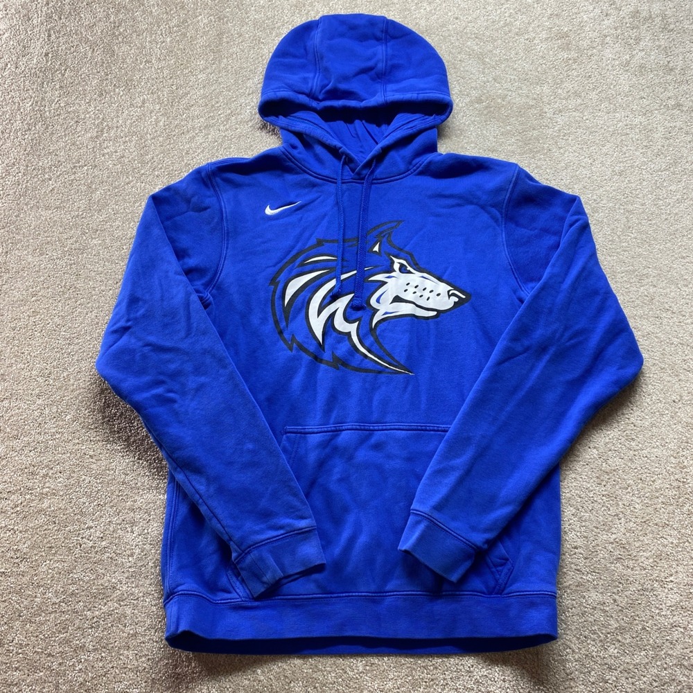 Nike Sweatshirt Mens Small Royal Blue Wolf Logo Hoodie Long Sleeve Pullover